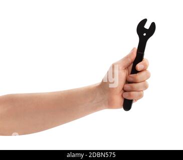hub cone spanner tool in hand path isolated on white Stock Photo