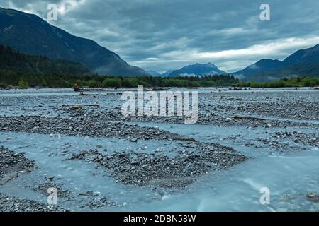 Cloudy morning at Lech river near Weissenbach, Austria Stock Photo