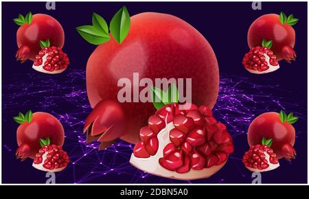 realistic pomegranate fruit on abstract background Stock Photo