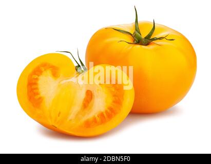 sliced yellow tomato path isolated on white Stock Photo