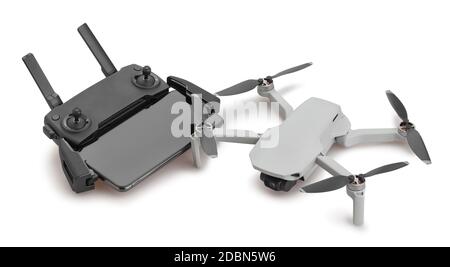 drone and controller with smartphone path isolated on white Stock Photo