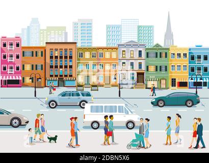 City with traffic, apartment buildings and pedestrians on the sidewalk Stock Photo