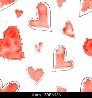 Seamless pattern of Abstract watercolor hearts set. Hand drawn sketch of red hearts Stock Photo