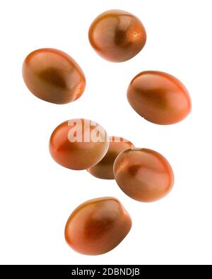 Falling kumato black tomato, cherry, isolated on white background, clipping path, full depth of field Stock Photo