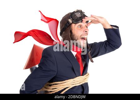 Businessman with homemade rocket and googles ready for a challenge Stock Photo