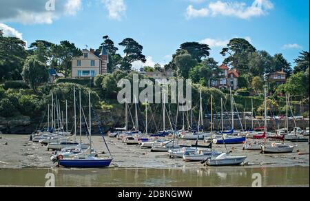The town of Pornic on the Atlantic coast in France with the harbor and boats at low tide. Stock Photo