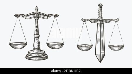 Scales of justice sketch. Jurisdiction, equity symbol vector illustration Stock Vector