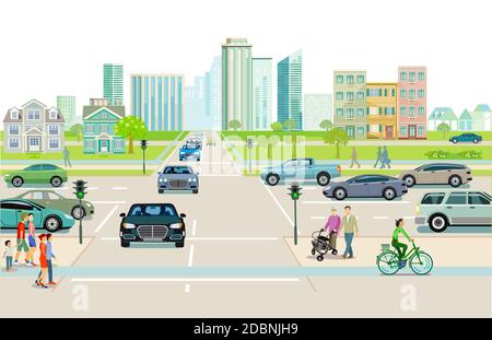 City with traffic, apartment buildings and pedestrians on the sidewalk Stock Photo