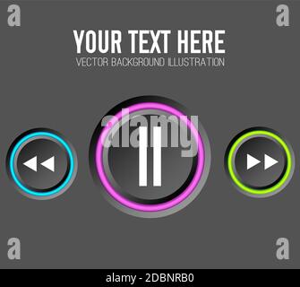 Music web design concept with control round buttons and colorful edging on dark background isolated vector illustration Stock Vector