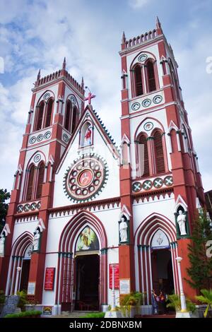 Puducherry, India - October 30, 2018: Exterior of the high ceiling walls of the Roman Catholic Our Lady of Angels Church in Pondicherry city located i Stock Photo