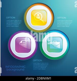 Business infographic web design concept with three options colorful glossy buttons and icons isolated vector illustration Stock Vector