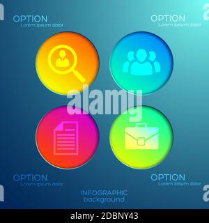 Abstract infographic concept with four options colorful round buttons and icons on light background isolated vector illustration Stock Vector