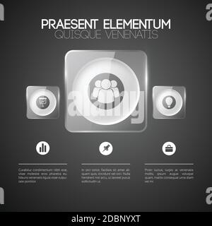 Infographic business template with three options light circles in glass square frames and icons vector illustration Stock Vector