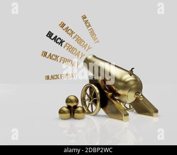 Golden Circus cannon shooting text Black Friday, 3d illustration Stock Photo