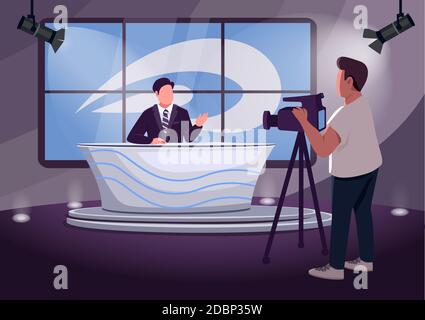 News production flat color vector illustration. Professional anchorman and cameraman 2D cartoon characters with studio on background. Preparation for Stock Photo