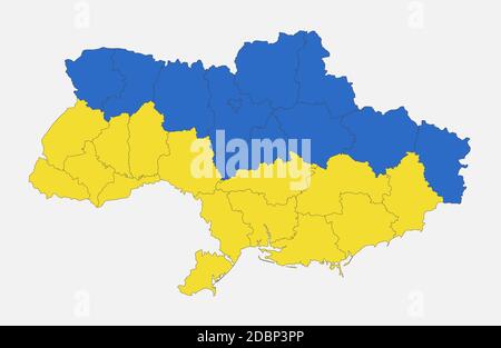 Map of the Ukraine in the colors of the flag with administrative divisions blank Stock Photo