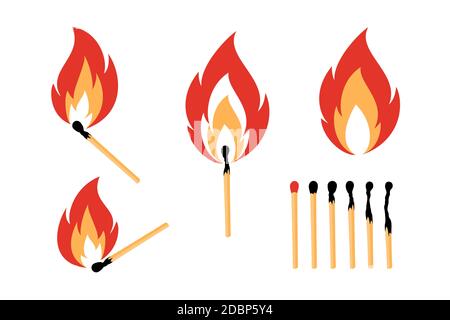 Set of realistic matches: burning, with flame or burnt isolated on