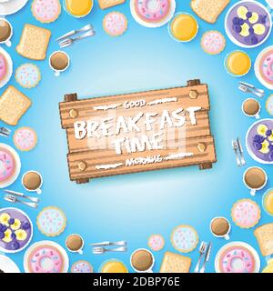 Colorful breakfast template with traditional tasty meals desserts and hot drinks on light background vector illustration Stock Vector