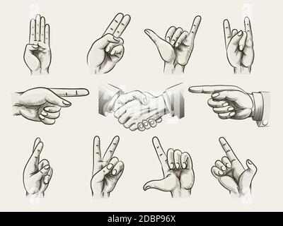 Set of vintage style hand gestures showing counting  hard rock horns  v-sign for peace or victory  pointing and two businessmen in a handshake  vector Stock Vector