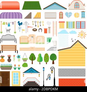 House elements. Windows and doors, benches and street lights. Architecture building, lantern and facade. Vector illustration Stock Vector