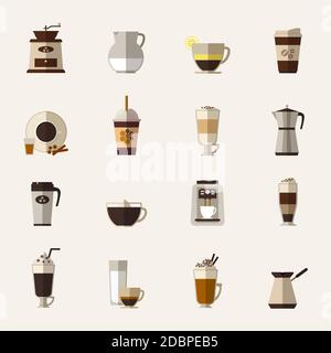 Coffee flat icons set. Cup and turk, grinder and maker, drink and latte, takeaway and mocha, vector illustration Stock Vector
