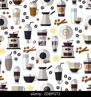 Seamless coffee pattern in flat style. Mug and breakfast, beverage and espresso,  hot and caffeine. Vector illustration Stock Vector