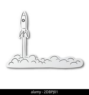 Vector illustration black line hand drawn of rocket launching in the sky flying over clouds on cut paper with shadow isolated on white background. Sta Stock Vector