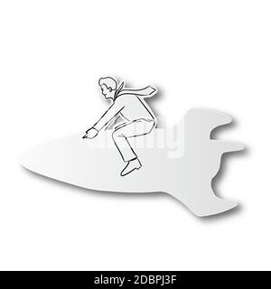 Vector illustration black line hand drawn of businessmen on a rocket cut paper with shadow isolated on white background. Startup business concept. Stock Vector