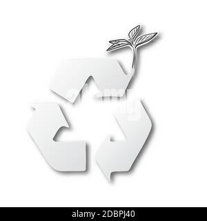 recycle on cut paper and hand drawn of plant with shadow isolated on white background Stock Vector