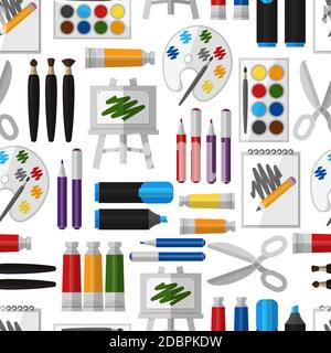 Artistic tool seamless pattern. Paintbrush and tool, design drawing, brush and pallette, craft and colorful gouache, hobby and watercolor, vector illu Stock Vector
