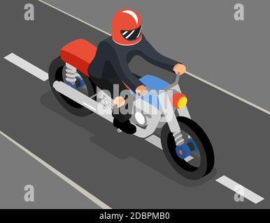Isometric biker on the road top side view. Motorbike transport, sport and speed, vehicle and rider, vector illustration Stock Vector