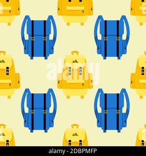 Journeys and tourism seamless background with backpacks. Bag and object, luggage and baggage. Vector illustration Stock Vector