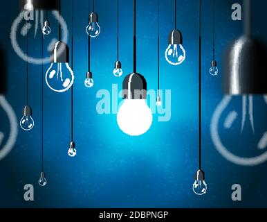 Light bulbs on blue background, horizontally seamless pattern, energy bulb hanging on cord, vector illustration