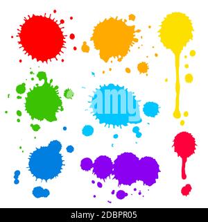 Collection of splats  splashes and blobs of brightly colored paint in a rainbow palette in different shapes with two having running drips isolated on Stock Vector