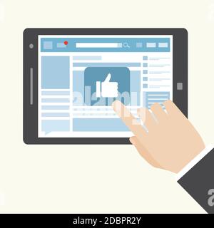 Social network like icon on a tablet computer screen with a mans hand touching it to activate it and register as a contact and follower Stock Vector