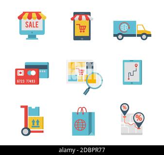Flat design icons of e-commerce symbols and internet shopping elements Stock Vector
