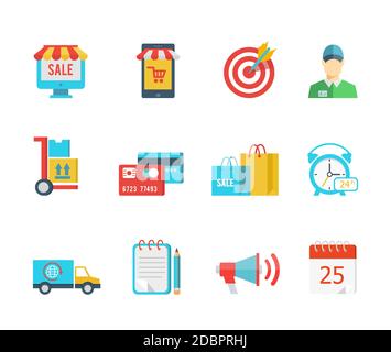 Set of flat vector purchase and delivery icons with a sale sign  store  trolley  salesman  delivery  credit card  bags  24-hour  van or truck  deliver Stock Vector
