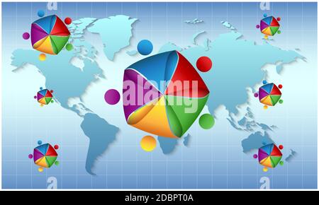 colorful pentagon with dots on world map background Stock Photo