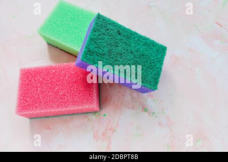 New colorful sponges for dishwashing and cleaning Stock Photo