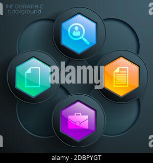 Web infographic chart concept with business icons colorful glossy hexagonal buttons and dark circles vector illustration Stock Vector