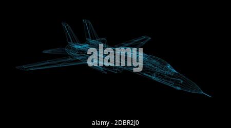 Airplane wire model isolated on black  - 3D Rendering Stock Photo