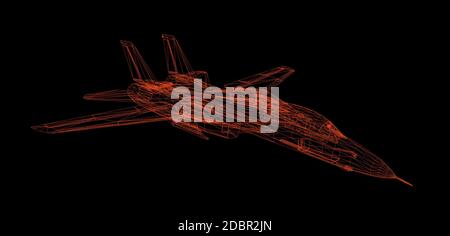 Airplane wire model isolated on black  - 3D Rendering Stock Photo