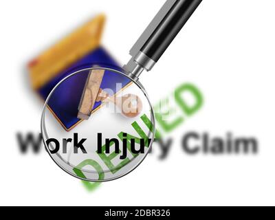 Top view of a rubber stamp with a giant word 'Work injury claim - denied  '  isolated on white background Stock Photo