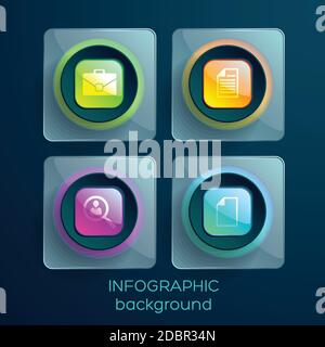 Business web design elements with icons colorful glossy squares and glass rectangles isolated vector illustration Stock Vector