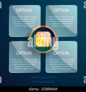 Infographic web template with icon orange glossy element and four glass rectangles with text isolated vector illustration Stock Vector