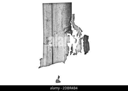 Map of Rhode Island on weathered wood Stock Photo