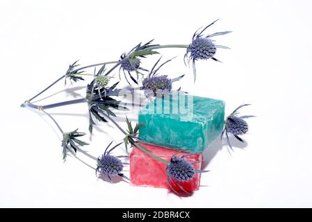 soaps off various shades with a beautiful lavender flower Stock Photo