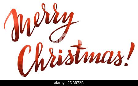 Watercolor Merry Christmas lettering text. Hand drawn festive typography isolated on white background. Hand lettering inscription for Christmas Stock Photo