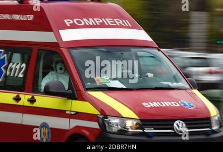 Bucharest, Romania - November 12, 2020: An Emergency Service for Resuscitation and Extrication, short named SMURD, ambulance for Covid-19 cases speedi Stock Photo