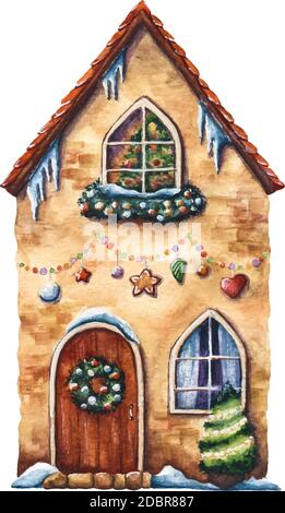 Hand-drawn illustration of decorated Christmas house.  Watercolor festive house for postcards, posters, souvenirs and decor. Stock Vector